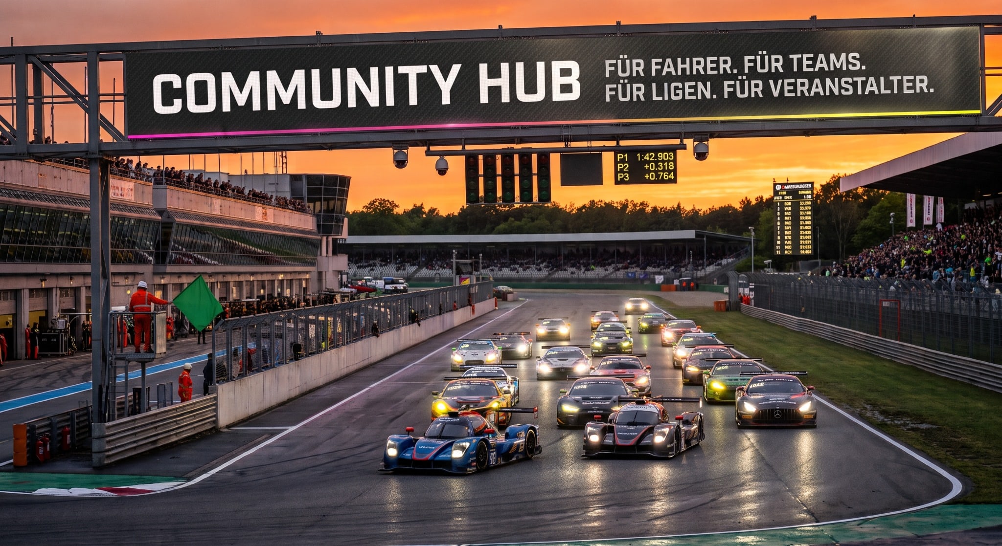 GT-Rennen bei Sonnenuntergang mit Community-Hub-Streckenbanner, grüner Flagge und Fahrerfeld
